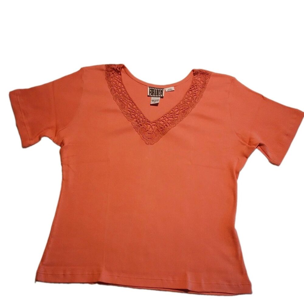 Forenza Womens Top Size XL Orange Coral Lace Trim Short Sleeves V-Neck Cotton